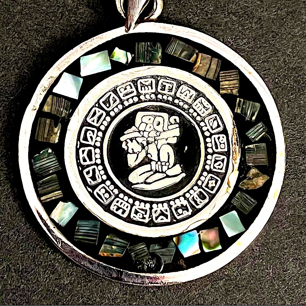 Mayan Vintage Sterling Silver Mother of Pearl Calendar Pendant